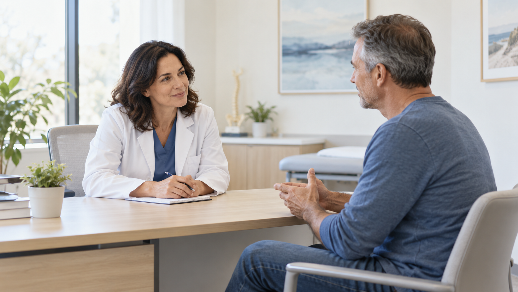dd Doctor listening to a patient during a pain clinic consultation.